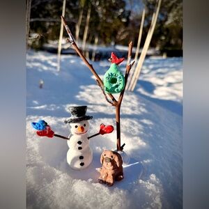 Handcrafted clay Snowman and Dog & birds  Figurine